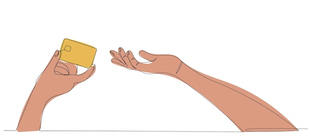 mano, con, tarjeta bancaria, bosquejo, continuo, línea, dibujo, vector
