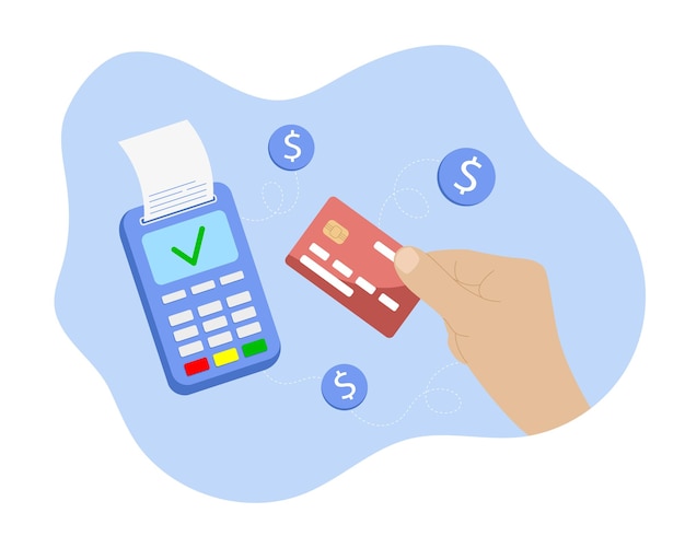 Vector mano con tarjeta de débito o crédito para el pago transacción digital y concepto de transferencia inalámbrica