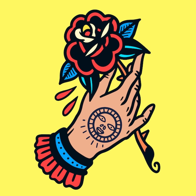 Mano tatuada con rosa vieja escuela tatuaje vector