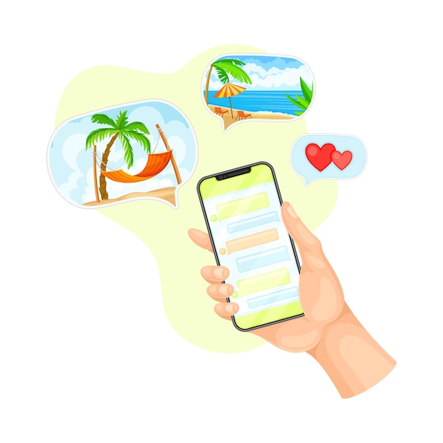 Mano con teléfono inteligente Compartir fotos y mensajes de texto en Chat Ilustración vectorial de software