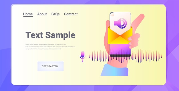 Mano con teléfono inteligente comunicarse en mensajería instantánea mediante mensajes de voz aplicación de chat de audio medios de comunicación social concepto de comunicación en línea copia horizontal ilustración de espacio