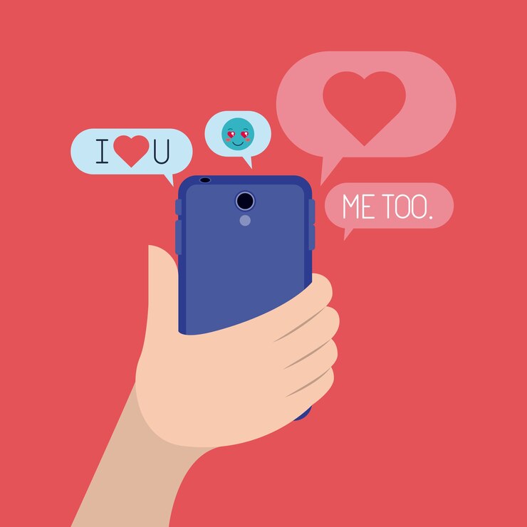 Vector mano con teléfono inteligente y establecer burbujas de discurso y emoticones