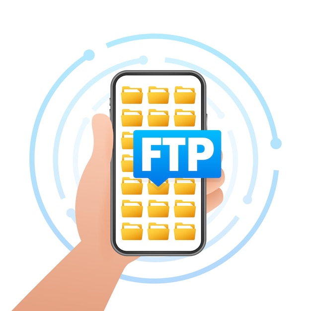 Con la mano un teléfono inteligente con el icono del protocolo de transferencia de archivos ftp y el concepto de carpetas para compartir archivos
