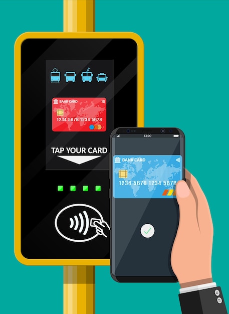Vector mano con teléfono inteligente y tarjeta bancaria cerca de la terminal