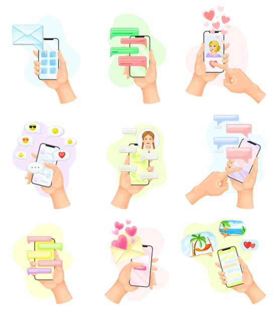 La mano con el teléfono inteligente Usando software de chat Mensajes de texto y gustando el conjunto vectorial de fotos