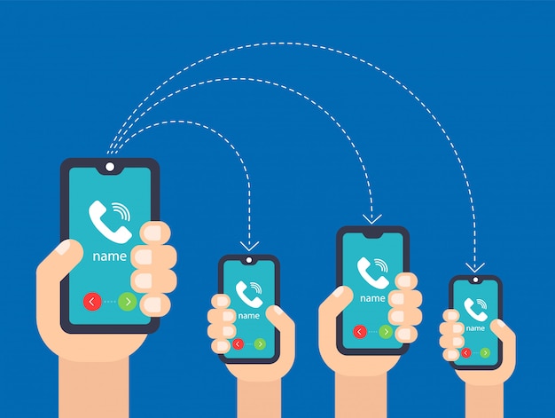 mano con el telefono. Llamar a múltiples teléfonos inteligentes. ilustración vectorial plana