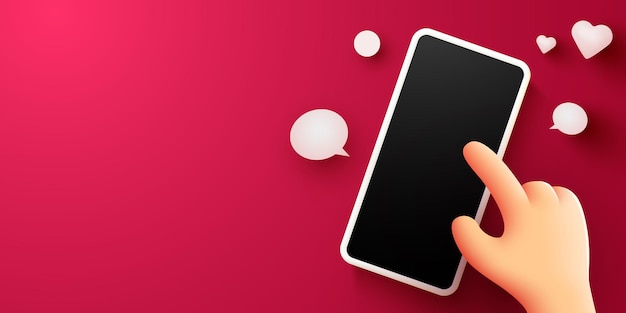 La mano toca el teléfono con iconos de mensajes Concepto de comunicación y redes sociales