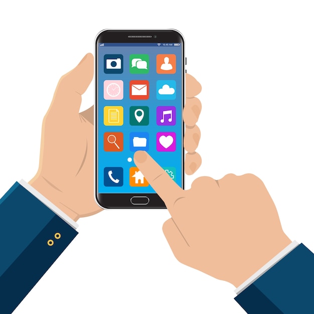 Mano tocando el teléfono inteligente con iconos en la pantalla