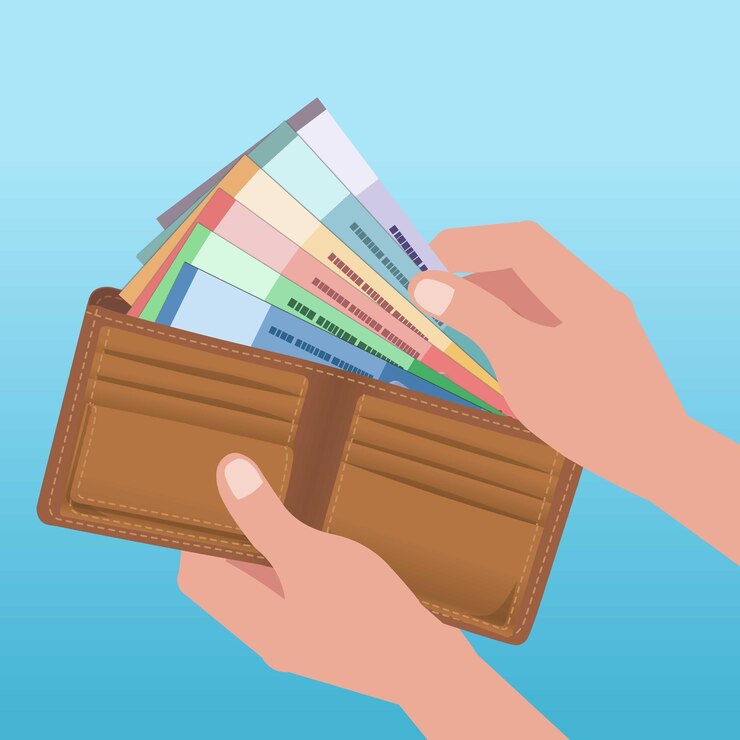 La mano toma billetes de papel de la diferencia de denominación de los billetes de la billetera de cuero marrón