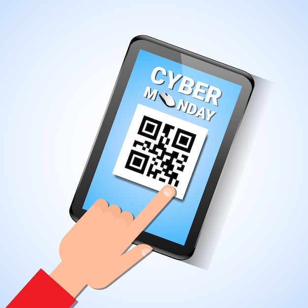 Mano toque tableta digital con código Qr en pantalla Mensaje de venta de Cyber Monday