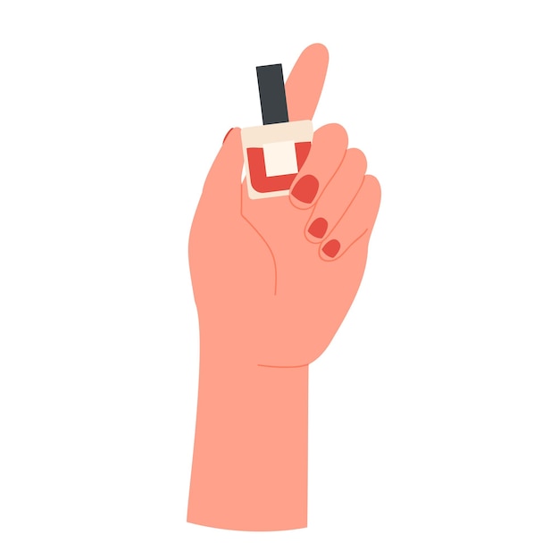 La mano con las uñas pintadas de rojo sostiene el esmalte de gel