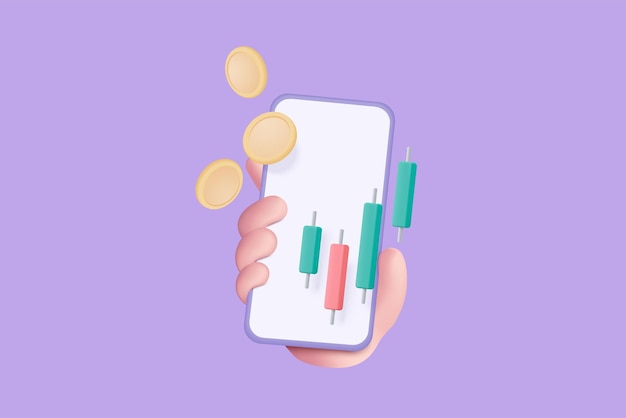 Mano de vector 3D que sostiene el móvil aislado sobre fondo púrpura pastel Mano usando el gráfico de negocios de financiación en la aplicación bajo el concepto de icono de solución creativa comercio 3d para inversión empresarial