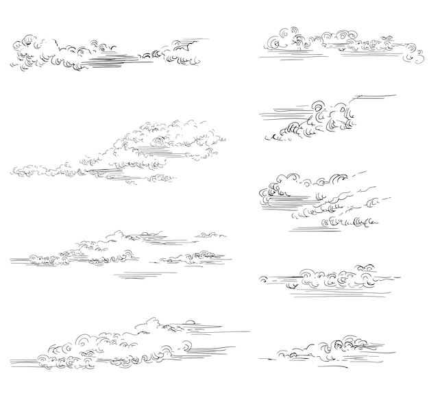 Mano de vector dibujo conjunto de nubes de diferentes formas en color negro aislado sobre fondo blanco. Ilustración vectorial.