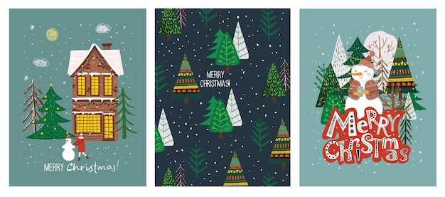 Mano de vector dibujo ilustración abstracta de moda de tarjetas navideñas de feliz navidad y próspero año nuevo 2022 con árbol de navidad, bosque de invierno, casa acogedora, gente y letras.