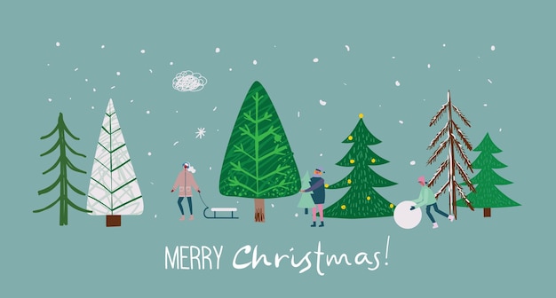 Mano de vector dibujo ilustración abstracta de moda de tarjetas navideñas de feliz Navidad y próspero año nuevo 2022 con árbol de Navidad, bosque de invierno, casa acogedora, gente y letras.