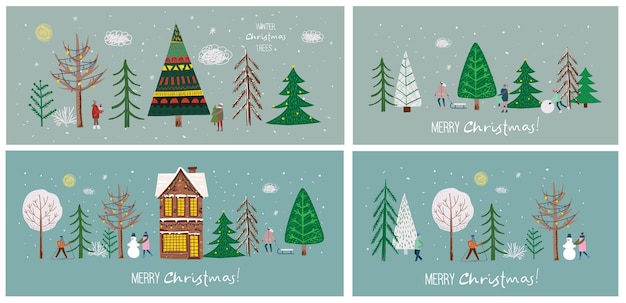 Mano de vector dibujo ilustración abstracta de moda de tarjetas navideñas de feliz navidad y próspero año nuevo 2022 con árbol de navidad, bosque de invierno, personas y letras.