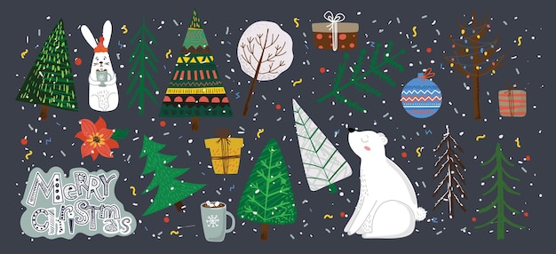 Mano de vector dibujo ilustraciones abstractas de moda de tarjeta navideña de feliz navidad y feliz año nuevo ...