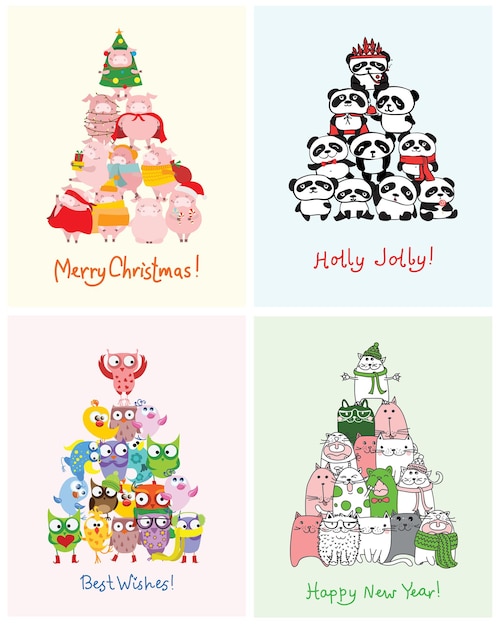 Mano de vector dibujo ilustraciones abstractas de moda de tarjetas navideñas de feliz Navidad y próspero año nuevo con árbol de Navidad, bosque de invierno, casa, gente y letras.