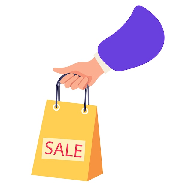 Mano de vector sostiene bolsa de compras amarilla con etiqueta de venta Concepto de compras y venta dibujado a mano