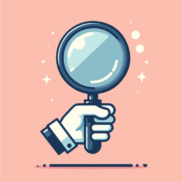 Mano vectorial sosteniendo una lupa con un estilo de diseño plano simple