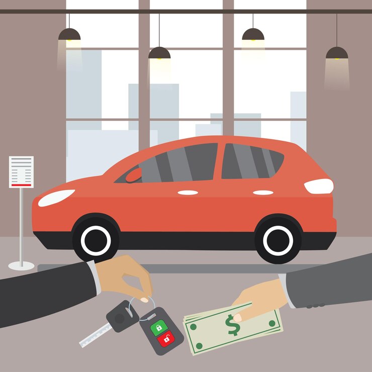 Vector la mano del vendedor de coches dando la llave al comprador. compra o alquiler de negocios, ilustración del concepto de vector plano