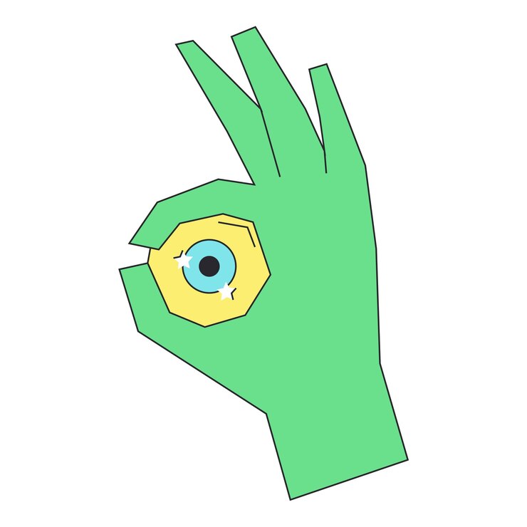 Vector la mano verde de un zombi sostiene un ojo. colores de neón de estilo psicodélico.
