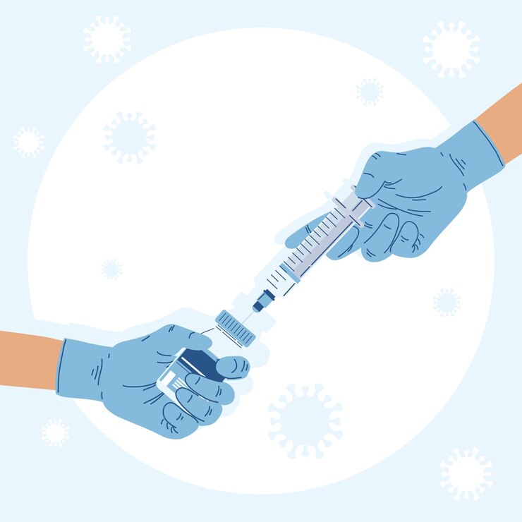 Vector mano con vial y jeringa de vacuna