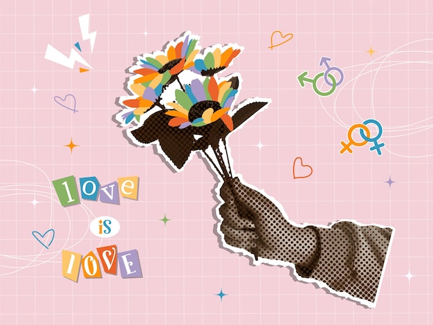 Mano vibrante sosteniendo flores coloridas que encarnan el amor y el orgullo Ilustración vectorial