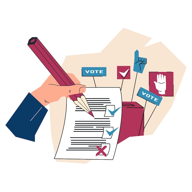 La mano de un votante que vota por un candidato del partido en un vector electoral aislado