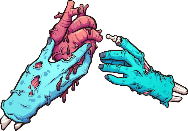 Mano de zombie dando un corazón sangrante a otra mano de zombie
