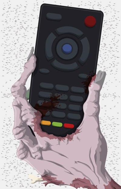 Mano de zombie podrida con un control de TV sangriento y un televisor con pantalla de ruido en el fondo