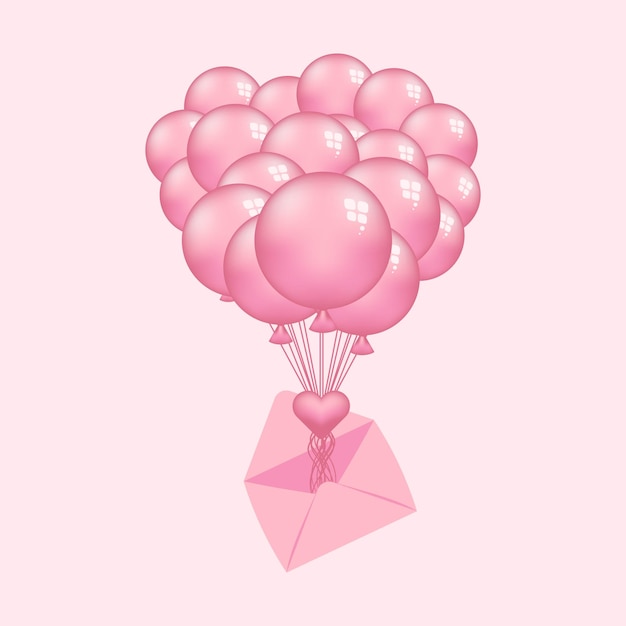 Vector manojo festivo de globos de mosca rosa atados con una postal de corazón y un sobre sobre fondo rosa para la tarjeta de san valentín ilustración vectorial