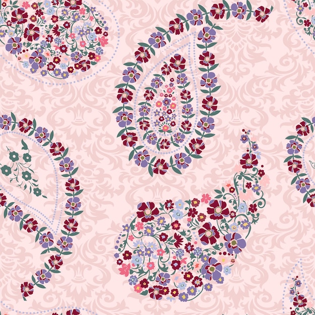 Vector manojo de flores de forma paisley de patrones sin fisuras con fondo ornamental de damasco