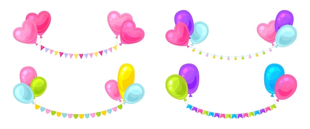 Manojo globo bandera guirnalda empavesado partido plano conjunto vacaciones cinta bulbo varias formas decoración borde encabezado fiesta evento aniversario boda invitación celebración elemento romántico carnaval aislado