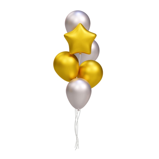 Manojo de globos dorados y plateados 3D realistas Ilustración vectorial