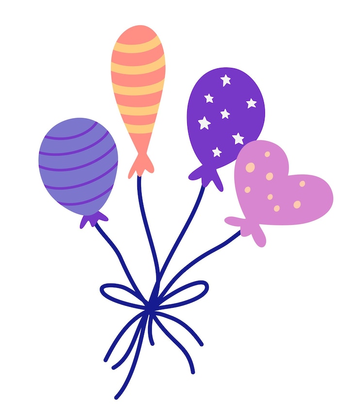 Vector manojo de globos. globo de helio para cumpleaños y fiesta. globo de dibujos animados volador con cuerda. icono de plano para celebrar y carnaval. dibujar a mano ilustración vectorial moderna.