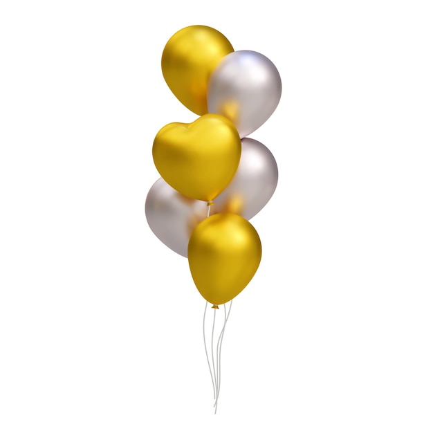 Manojo de globos de plata dorada 3D realistas en forma de corazón Ilustración vectorial decoración fiesta banner