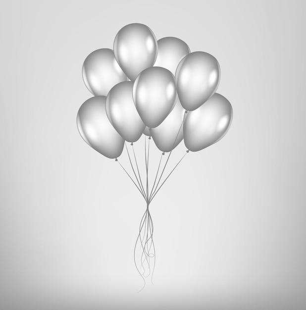 Manojo gris realista de globos de venta de cumpleaños/viernes negro volando para fiestas y celebraciones aisladas. Globos de helio plateados.