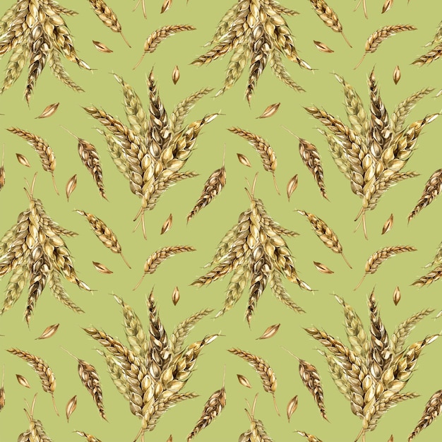 Manojo de oreja de trigo acuarela de patrones sin fisuras aislado sobre fondo verde Espiguilla de granos de cebada de centeno dibujado a mano Elemento de diseño para etiquetas de embalaje de papel textil envoltura de panadería de comestibles