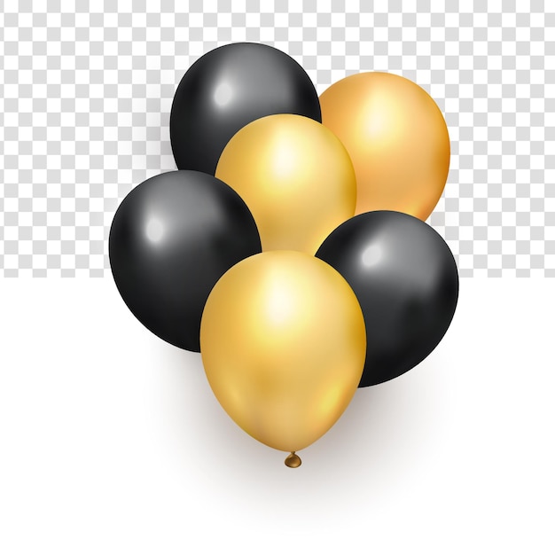 Manojo realista de globos de oro negro brillante voladores para elemento de diseño de año nuevo