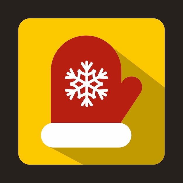 Manopla roja con icono de copo de nieve blanco en estilo plano sobre un fondo amarillo
