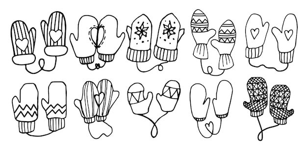 Manoplas de invierno dibujadas a mano. Doodle elementos negro sobre blanco. ilustración vectorial