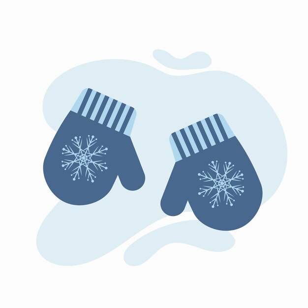 Manoplas tejidas azules con un copo de nieve y una mancha azul en el fondo. Ilustración vectorial en estilo plano.