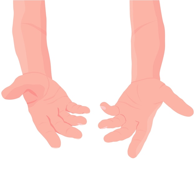 Vector manos abiertas humanas par de manos de hombres con solicitud de palma expuesta o donación ilustración plana