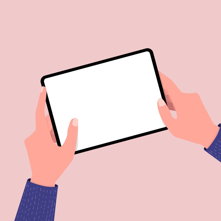 Vector manos agujereando tablet pc con pantalla en blanco.