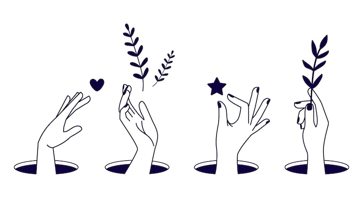 Vector manos de agujeros. esquema de la mano femenina que sostiene el corazón de la estrella y el conjunto de vectores de rama floral