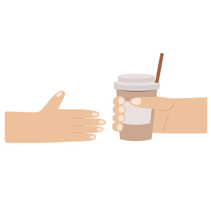 Vector manos aisladas con recipiente de papel de taza de café llevarse un latte venta de bebidas calientes para llevar