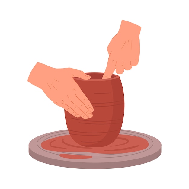 Las manos del alfarero crean el jarrón Estudio de cerámica modelado por el alfarero Jarro de arcilla en la rueda del alfarer Manos haciendo la olla Ilustración vectorial plana Proceso de taller de cerámica