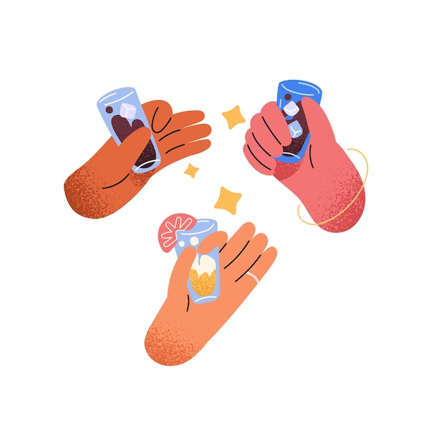 Manos de amigos sosteniendo vasos de limonadas de verano cócteles licores aplausos de fiesta con alcohol brazos con refresco de bebida celebrar algo ilustración vectorial plana aislada en fondo blanco