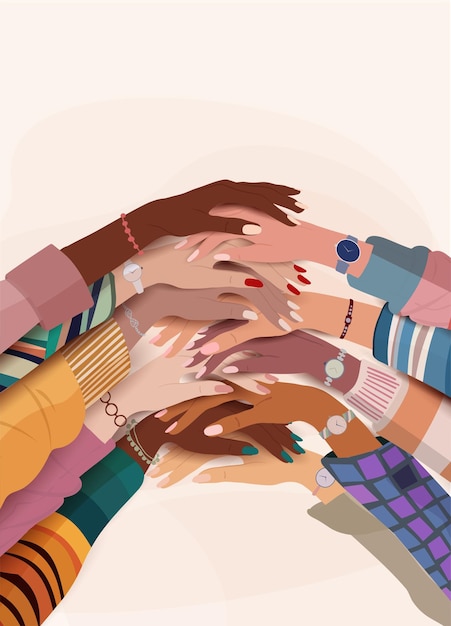 Manos apiladas en un círculo de mujeres multiculturales Diversidad inclusión igualdad poder o empoderamiento de las niñas concepto Día Internacional de la Mujer Concienciación sobre el cáncer de mama